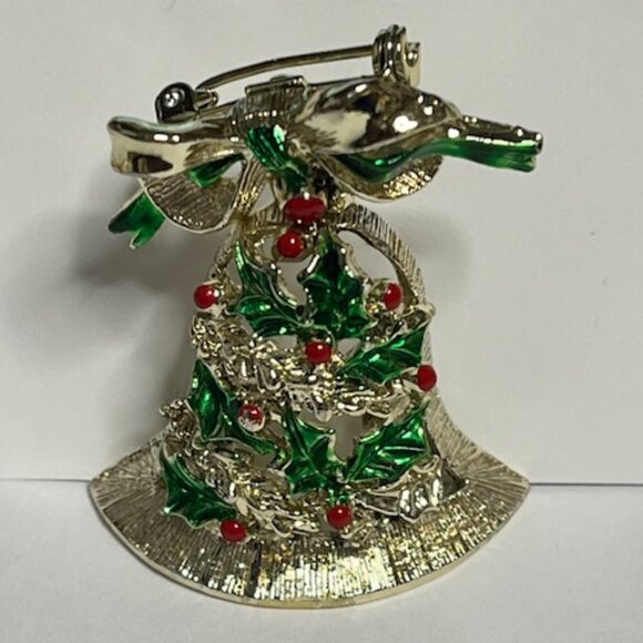 VTG Gerry's Christmas Holiday Bell Gold Tone Red Green Movable Bow Brooch Pin 2" - Picture 3 of 15